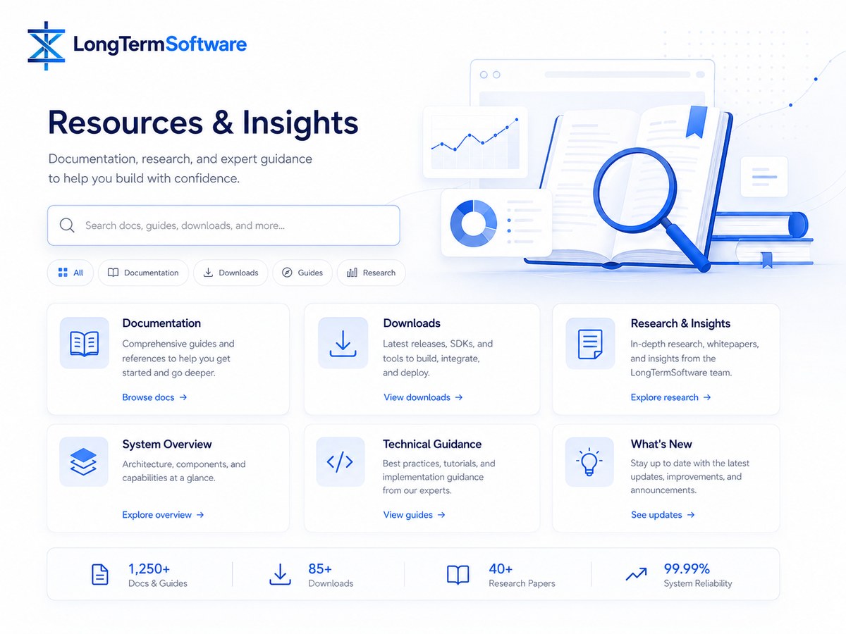 Resources and insights illustration with documentation cards, downloads, research notes, search, technical guidance, and system overview panels.