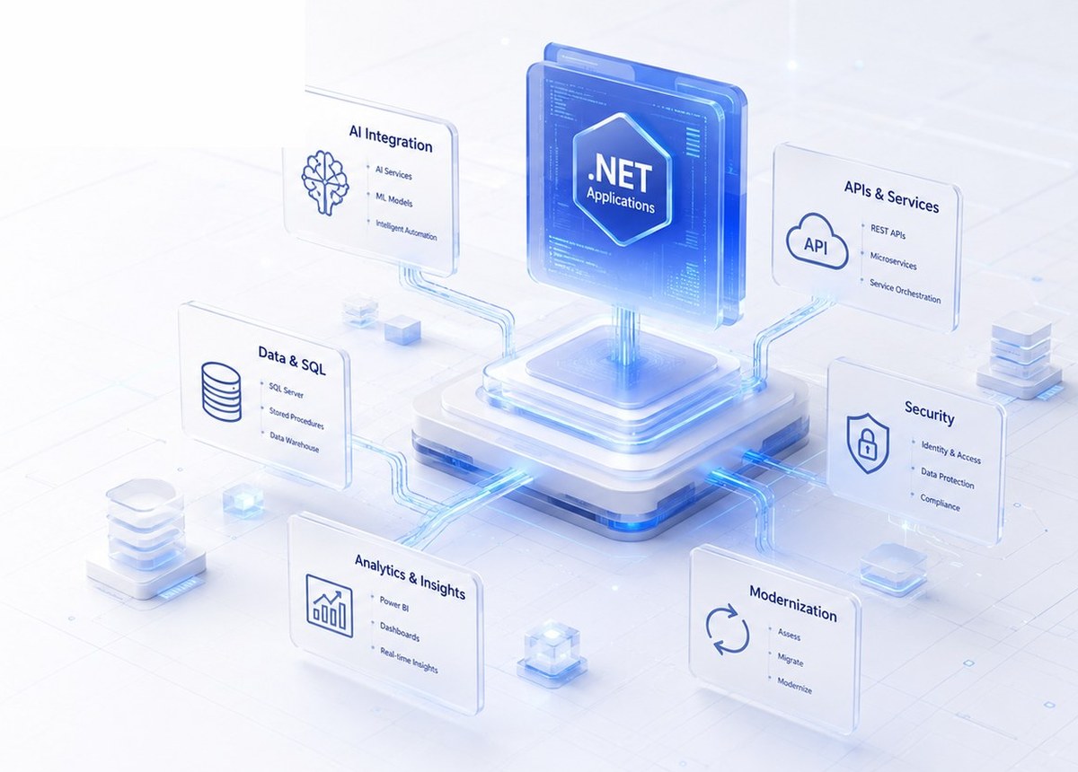 Architecture illustration showing .NET applications, SQL data, APIs, security, analytics, and controlled AI workflow connections.