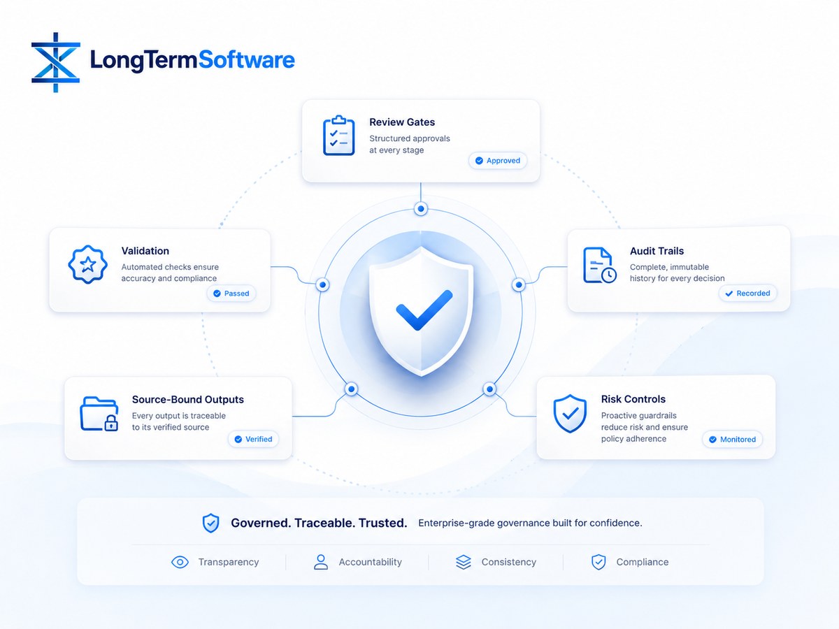 Governance illustration with review gates, validation, audit trails, source-bound outputs, risk controls, and a central trust shield.